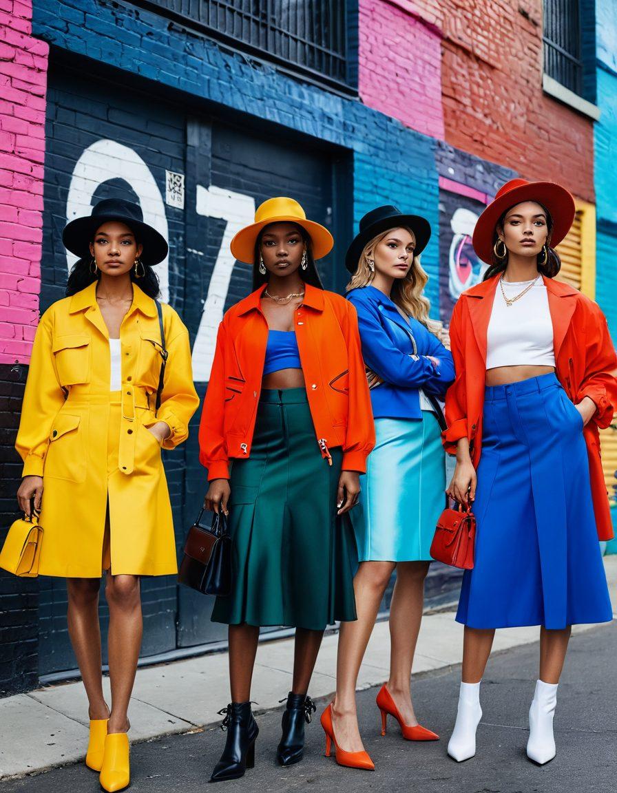 A vibrant collage showcasing an array of stylish nylon outfits, featuring jackets, skirts, and bags in bold colors. The scene incorporates diverse models in dynamic poses, each accessorized with complementary items like hats and shoes, all amidst an inspiring urban backdrop filled with street art. The overall atmosphere radiates creativity and fashion-forward thinking. super-realistic. vibrant colors. white background.