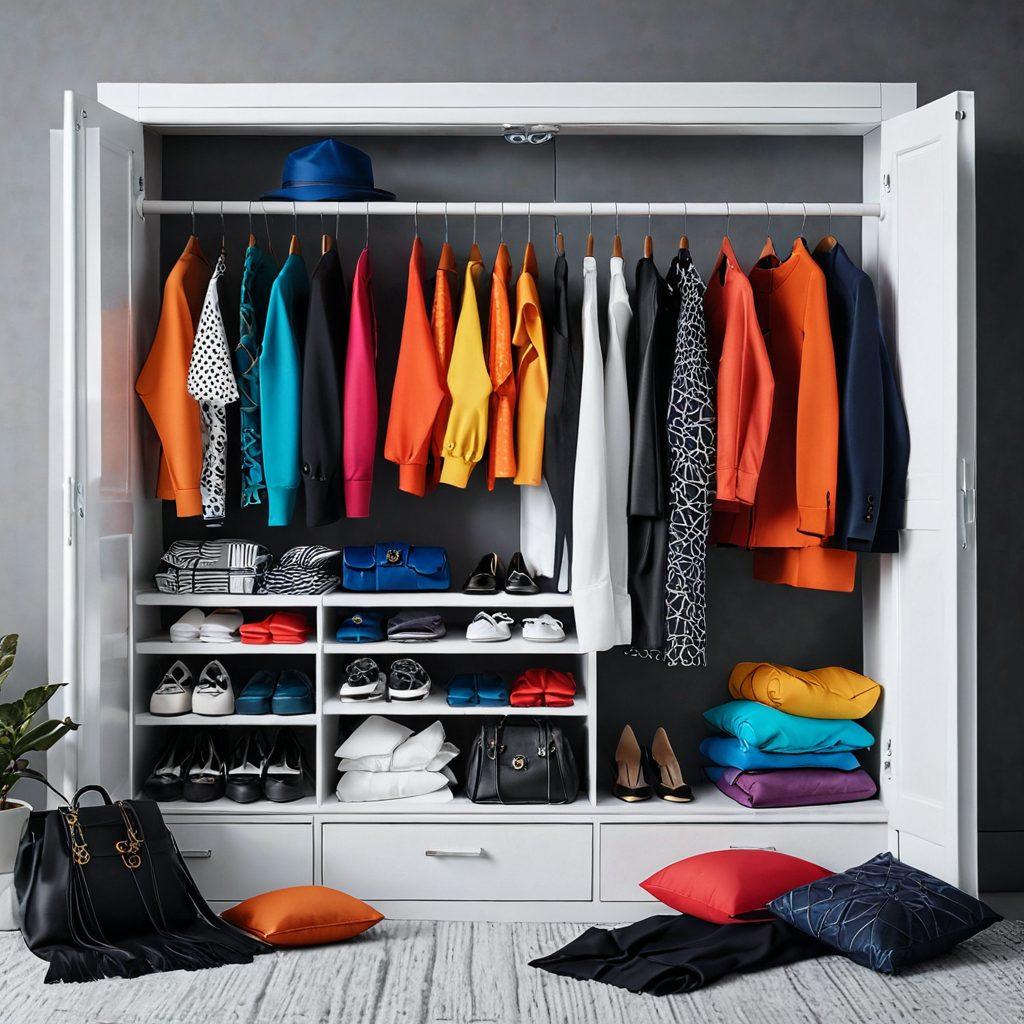 A stylish, modern wardrobe filled with a variety of nylon clothing items, showcasing vibrant colors, unique textures, and innovative styles. Include a minimalist backdrop with subtle design elements representing fashion innovation, like patterns or tech motifs. Feature a mood board aesthetic with accessories that complement the nylon pieces, enticing the viewer's imagination about wardrobe possibilities. super-realistic. vibrant colors. minimalistic background.